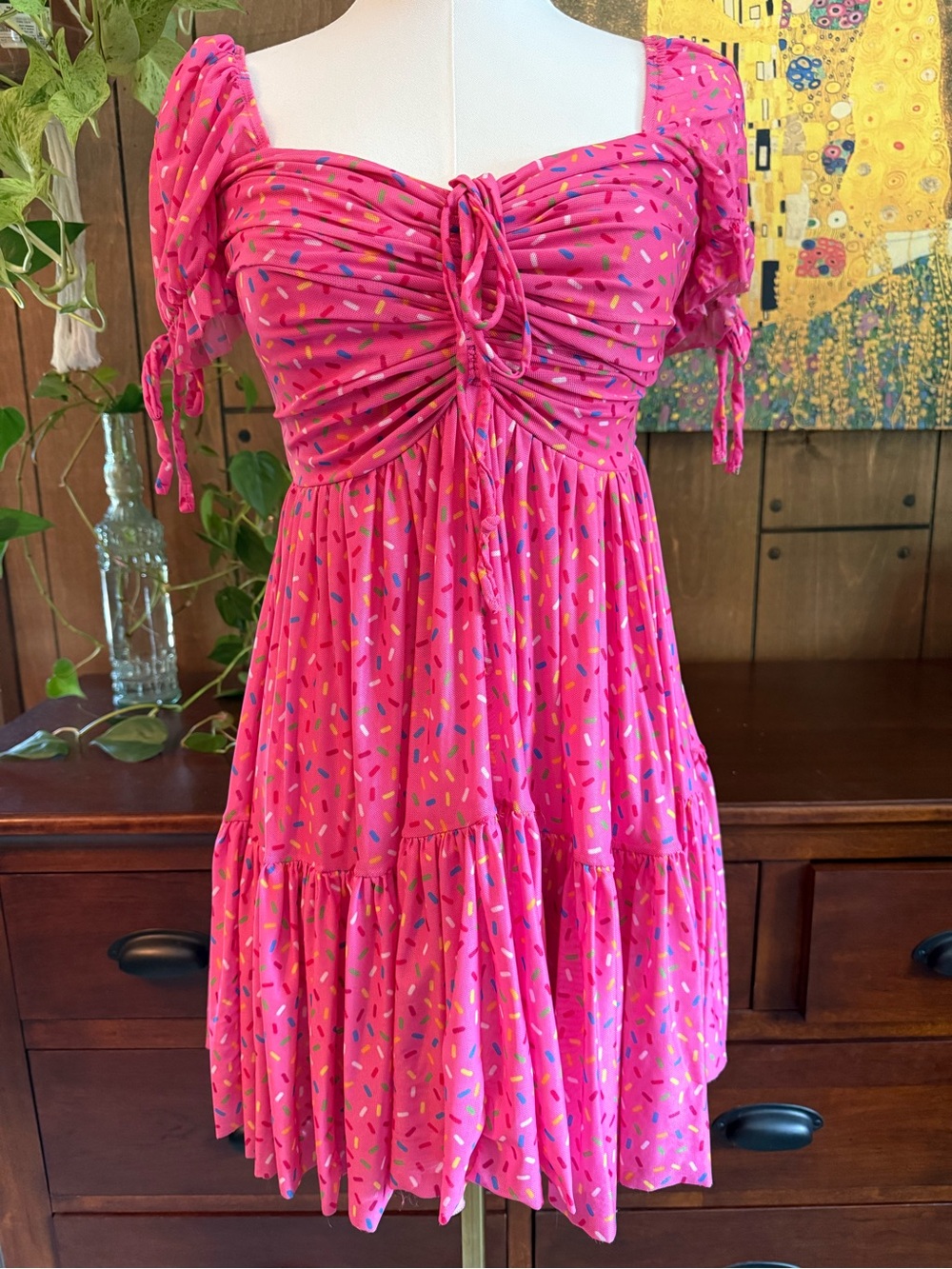Blackmilk Hot Pink Ruched Babydoll Dress with Sprinkles